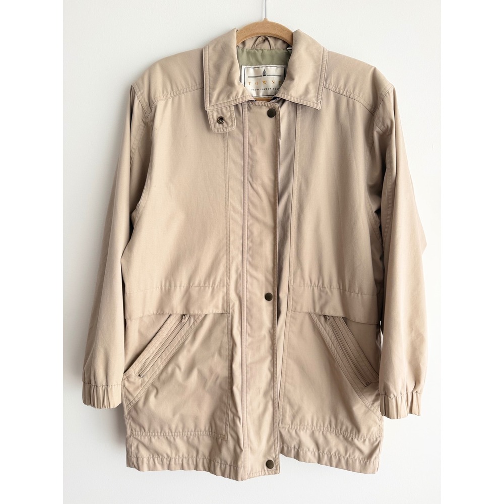 VTG 80s Towne London Fog Tan Field Utility Rain Jacket Navy Trim Gorcpcore Sz L